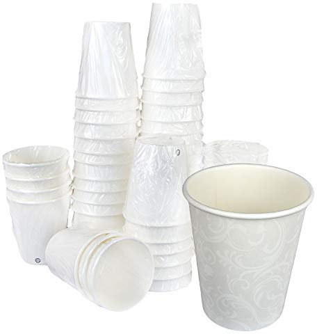 100 vasos de papel con motivo de Damasco color blanco 7 oz (200 ml) envasados individualmente desechables