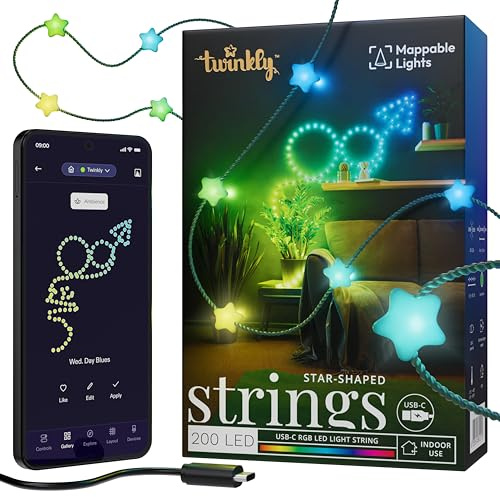 Twinkly Strings USB-C Star 200 LED, Striscia Luci LED a Forma di Stella, Luci LED Multicolore RGB, Luci San Valentino, Compatibile con Alexa, Google Home, Luci Mappabili, USB C, Filo Verde, 12m