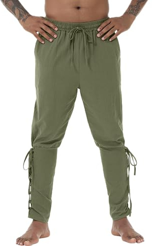 NANAMEEI Costume de pirate viking pour homme - Pantalon viking pour homme - Pantalon rétro Renaissance - Pantalon de pirate pour homme, Vert kaki, M
