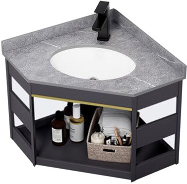 Mobile Bagno Sospeso con Lavabo da Appoggio,Lavandino Bagno con Mobiletto,Lavabo Bagno Angolare con Mobile,con Combinazione Rubinetto,Spazio di Archiviazione per Piccoli Spazi Nero/Bianco/Grigio ( Col