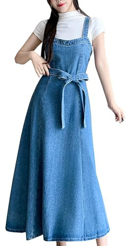 Yishengwan Damen Lang Latzrock Jeans Latzkleid Trägerrock Elegant Trägerkleid Jeansrock Denim Overall Kleid Blau XXL