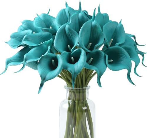 SITUMEIZI 24 st blågröna falska blommor, konstgjord kalla, lilja, silkesblommor, verklig touch för mors dag, påsk, hem, kök, dekor, bröllopsbukett kontor, vårdekoration (blågrön)