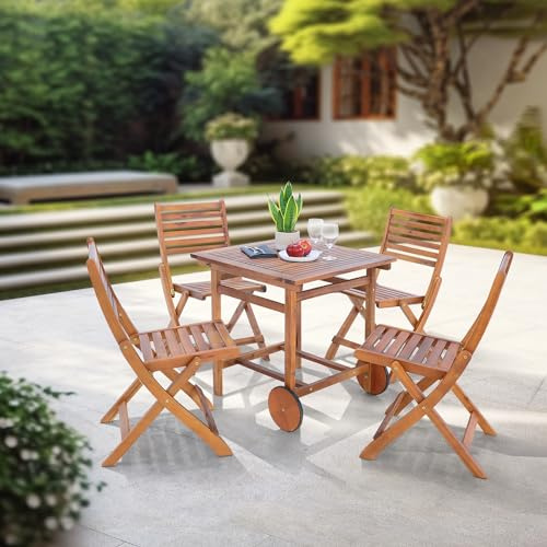 [en.casa] Gartenmöbelset Ancarano 5-TLG. Garten Essgruppe klappbar Gartentisch mit 4 Stühlen Sitzgarnitur Outdoor rollbarer Tisch Akazienholz geölt Klapptisch Klappstühle wetterfest