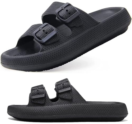 VEXITO Claquettes Chausson Boucle Femme Été Pantoufles 2 Laniere Reglable Douche Homme Sandales Mules Piscine Plage Bain Mer Legere Semelle Epaisse Noir Taille 44-45