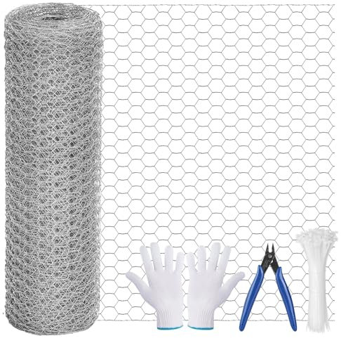 UDIANIS 40cm*10m Chicken Wire Mesh Roll, Galvanized Hexagonal Fencing Wire Mesh with Cutting Plier, Gloves and 100Pcs Cable Ties, Chicken Wire Mesh Roll for Pet Rabbit Chicken Fencing