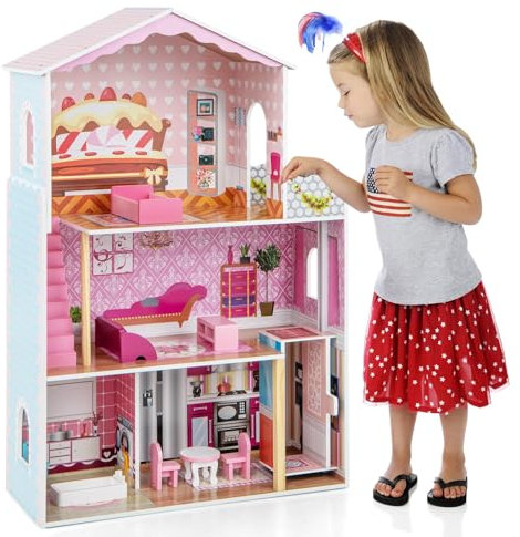 FANTASK Casa de muñecas de Madera, casa de muñecas con Accesorios y Muebles, 3 Pisos Dollhouse Juguetes con Balcón, Villa para muñecas de 108 cm de Alto, para niños a Partir de 3 años, Color Rosa 5