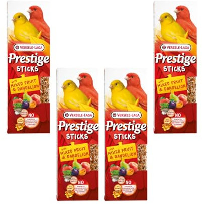 Versele-Laga Prestige Sticks Kanarien gemischte Früchte & Löwenzahn | 4er Pack | 4 x 60 g | Snack für Kanarienvögel | Ohne synthetische Konservierungsmittel, Farbstoffe oder Aromen