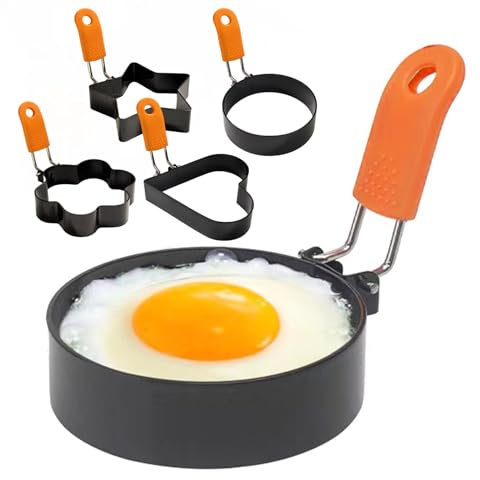 Egg Rings for Frying, Stainless Steel Fried Egg Ring, Non-Stick Egg Frying Rings, 4 Shapes Fried Egg Mould with Anti-Scald Folding Handle for Kitchen Cooking Egg Frying Breakfast (Round)