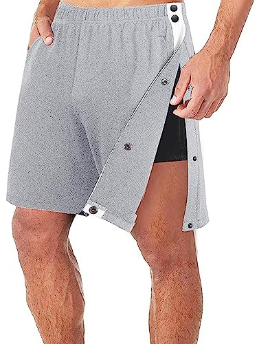 Feclmiyt Men Tear Away Shorts Pants High Split Snap Button Post-Surgery Trousers Loose Basketball Short Sweatpants with Pockets Activewear (Gray, 3XL)