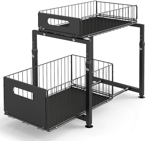 2-Tier Under Sink Organizer with Pull-Out Drawers – Adjustable Metal Shelves for Kitchen & Bathroom, Heavy-Duty Steel, Space-Saving Design