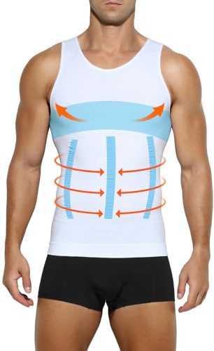 Mauro Kane Men's Compression Shirt Vest Slimming Body Shaper Control Shapewear Tank Tops Muscle Seamless Undershirts White-L