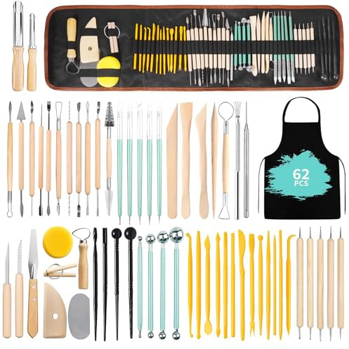AMCHLEL 62 Pcs Herramientas de Arcilla,Herramientas Modelado,Herramientas de Tallado de Cerámica con Bolsa de Almacenamiento para Principiantes,Cerámica de Arcilla, Escultura,Manualidades de Cerámica