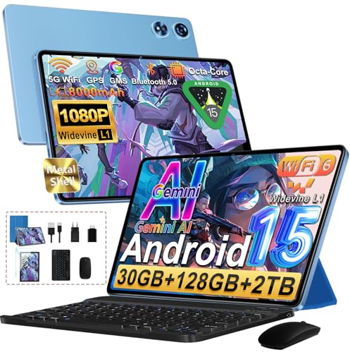 Tablet Android 15 Octa-Core 2.0GHz｜30GB RAM + 128GB ROM（Expandible 2TB ）｜8000mAh｜5G WiFi /Bluetooth 5.0｜Cámara Dual｜GMS Certificación Widevine L1｜5MP+8MP｜Tablet 10 Pulgadas con Teclado y Raton - Azul