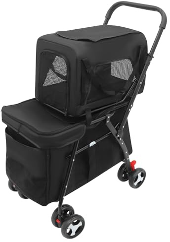 Carrito doble para mascotas, superior de hasta 7 kg y soporte inferior de hasta 15 kg, plegable con caja de transporte extraíble para gatos y perros (negro)