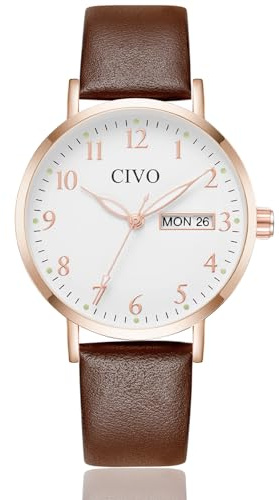 CIVO Reloj Mujer Fácil de Leer: Esfera Clara con Números Agujas Luminosas Fecha y Día - Analógico Reloj de Pulsera con Correa de Cuero Marrón para Uso Diario Informal Regalo