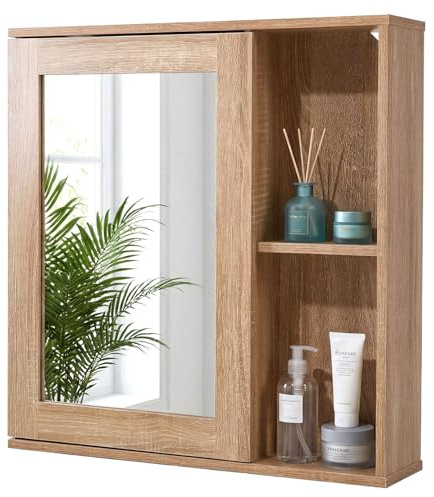 Warmiehomy Bathroom Cabinet with Door and Adjustable Shelves Bathroom Mirror Cabinets Wall Mounted Medicine Cabinet Cupboard Storage Unit for Living Room Laundry Kitchen (Wood,56x13x58cm)