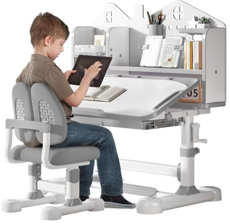 joukares Kids Desk and Chair Set, Height Adjustable Children's Study Table, 50 Degree Tilting Desktop, Bookshelf and Storage Drawer, Ergonomic Student Homework Workstation for Boys
