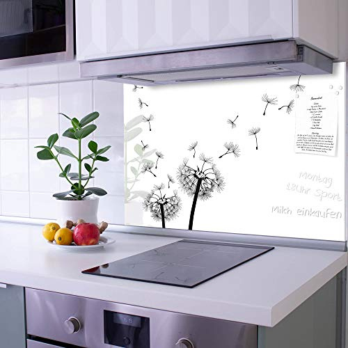 banjado Küchenrückwand Glas ohne Bohren 75x50cm – Glasrückwand Küche mit Motiv Pusteblume 2 / Spritzschutz Küchenrückwand Glas/selbstklebende Küchenrückwand Platte - magnetisch & beschreibbar