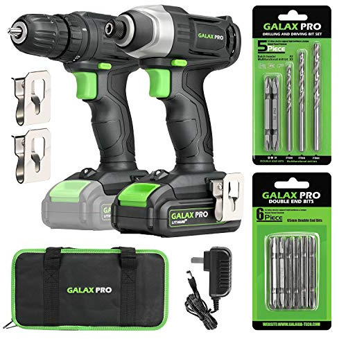 GALAX PRO Cordless Drill Driver/Impact Driver with 1pcs 1.3Ah Lithium-Ion Batteries, Charger Kit, 11pcs Accessories and Tool Bag