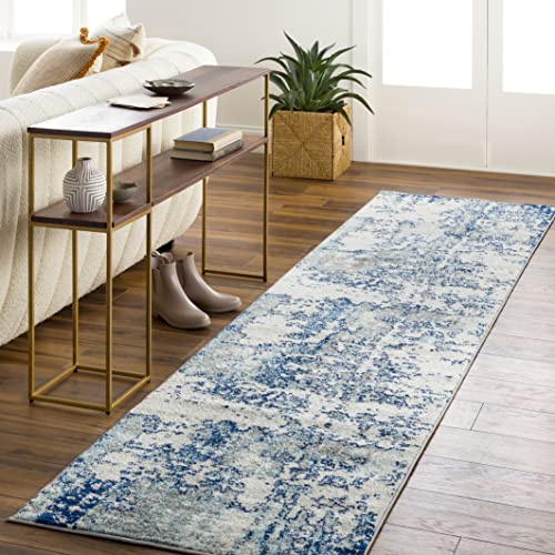 Livabliss Moroni Abstract - Runner s Living Room 80x220 cm, Hallway, Dining Room Area - Modern Marble, Soft Luxurious Easy Care Medium Pile Large, Silver, Blue and Grey