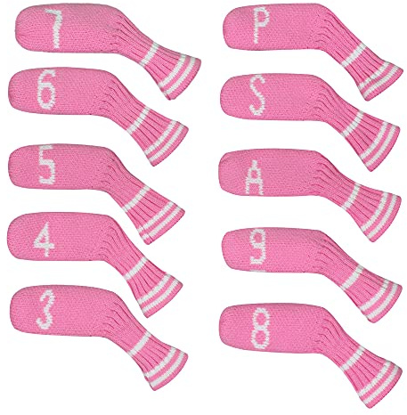 Scott Edward Pink&White Stripes Iron Covers,Set of 10 PCS, Adorable and Basically Socks Shape,Washable & Durable Golf Club Head Protector (Pink&White Stripes)