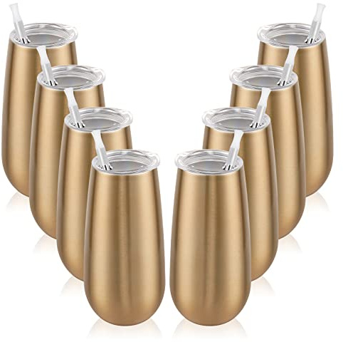 8 Pack Insulated Champagne Tumblers, Stemless Champagne Tumbler 6 Oz, Champagne Flutes Wine Tumbler, Unbreakable Cocktail Cups with Lid, Gift for Family Friends Christmas Birthday Wedding (Gold)