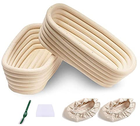 WlP Cestino Ovale per Pane da 2 Pezzi, Contiene 250 G di Cesto per Lievito Naturale in Rattan Naturale con Fodera in Lino E Raschietto per Pasta per Panettieri Er Panettieri Domestici Professionisti