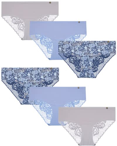 Lucky Brand Women's Underwear – Microfiber Lace Hipster Briefs (6 Pack), Size Medium, Indigo/Blue/Silver Sconce