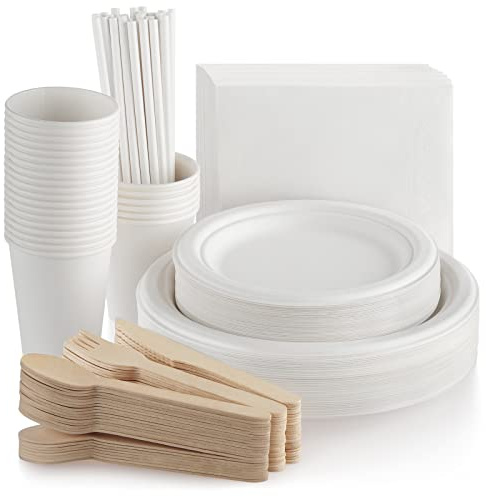 Fuyit 200 Pezzi Stoviglie Usa e Getta Set,Biodegradabili e Compostabili Bagassa Piatti Usa e Getta Carta,Coltelli Forchette Cucchiai Tazze Cannucce Tovaglioli,per Matrimonio Campeggio