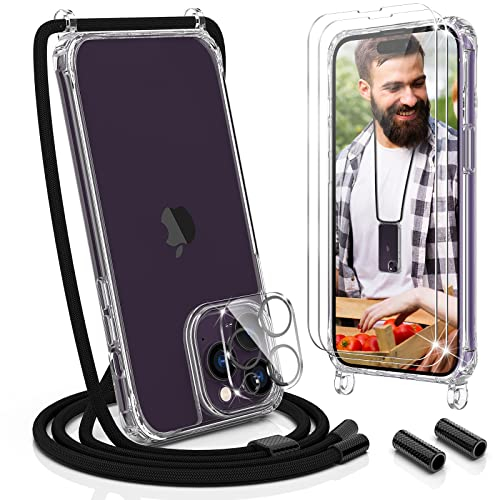 UYMO Handykette Hülle mit Band Für iPhone 14 Pro 6.1 - Necklace Transparent Handyhülle Case mit Schnur Abnehmbar,Schutzhülle zum Umhängen Kordel, Schwarz