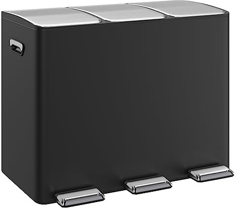 WELLGRO Mülleimer Küche 45 Liter, Edelstahl Tretmülleimer schwarz 3 Fächer, Mülltrennsystem 3 x 15 Liter, Absenkautomatik, klappbare Fußpedale