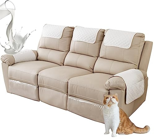 ZGDDPZA Armchair Arm Cover,Headrest Cover for Recliner Sofa Quilted Chair Arm Cover with Pockets Waterproof Non Slip Sofa Protectors Pet Dog (Beige,3-Seater 5pcs)