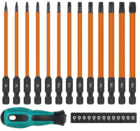 EFUTURETIME Juego de Destornilladores Torx 150mm, T5 T6 T7 T8 T9 T10 T15 T20 T25 T27 T30 T35 T40, 13pcs Destornilladores Torx Largos Magnético con Atornillador Manual, Acero S2