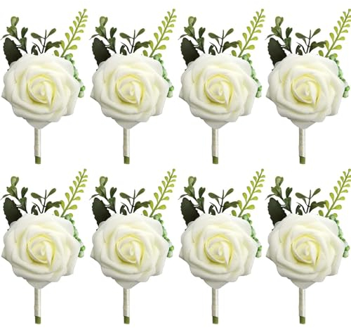 TTBDDM 8 Stücke Hochzeit Boutonniere, Rose Blumen Anstecker, Hochzeit Rose Blumen Anstecker, Bräutigam Boutonniere, für Braut, Bräutigam, Brautjungfern, Trauzeugen, Gäste, Weiß
