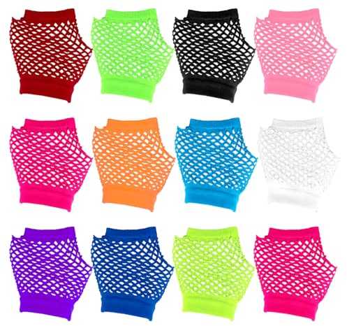 KALIONE 12 Paar Fingerlose Netz-Handschuhe in Neonfarben, Damen Kurze Hnetzhandschuhe 12 Farben Vintage Neon Netz Handschuhe Kostümzubehör für 70er/80er Jahre Party Tanz, Punk, Disco, Kostüm Party