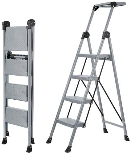 XinSunho 4 Step Ladder, Foldable Step Stool Ladder with Handrails & Tray, 660 lbs Heavy Duty Wide Pedals, Sturdy Steel Folding Ladder for Kitchen, Home, and Household Use(Silver, 4 Step)