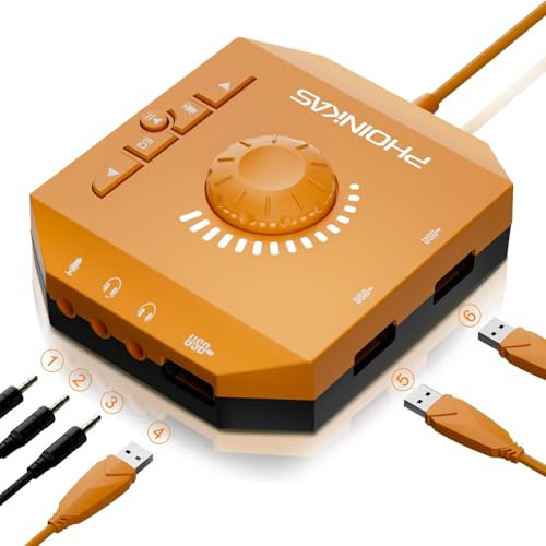 Externe Soundkarte, PHOINIKAS T10 USB Audio Adapter für PC Windows, Mac, Linux, Laptops, Desktops, Stereo Soundkarte mit 3,5mm Schnittstelle & USB Schnittstelle, Plug & Play (6-in-1, Orange)