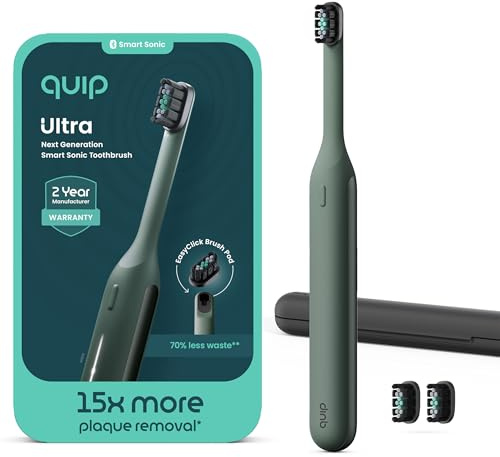 Quip Ultra Next Generation Smart Sonic Toothbrush - Timed Electric Toothbrush for Adults - Replaceable Brush Head, Soft Bristles, Silicone Handle, 30-Day Battery Life, Travel Case - Moss Green