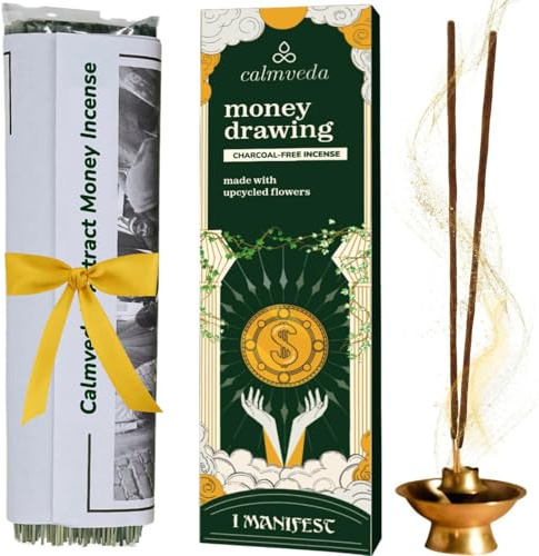 CALMVEDA Attract Money Incense Sticks - For Manifesting Abundance, 80+ Pack | Free Aventurine Crystal Keychain for unlocking Wealth, Clean Charcoal Free Incense, Warm Spicy Clove & Cinnamon Incense Aroma