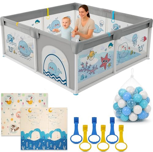 Parque Infantil Bebe 120x120cm + Alfombra Bebe + 60 Bolas + Agarraderas + Bolsas de Transporte – Corralito Bebe con Malla Transpirable – Parque de Juegos Bebe – Playpen Bebe