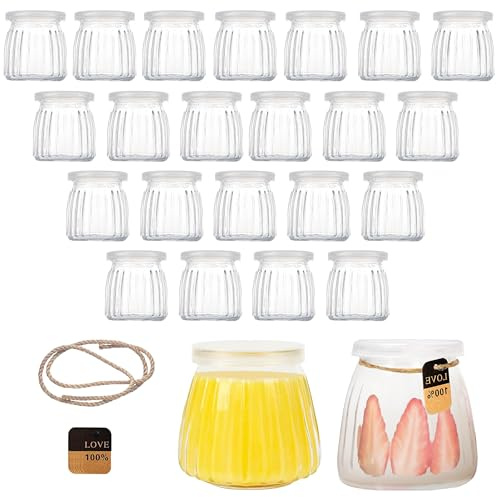 Kiswleon 200 ml yoghurtburkar med lock, 24-pack dessertburkar glas, genomskinliga syltburkar små med etikett och sladd, konserveringsburkar små för juice, yoghurt, sylt, flingor, honung