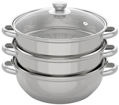 3-stöckiger Dampfgarer 28 cm aus Edelstahl, induktionsgeeignet mit Glasdeckel – mehrschichtiger Dampftopf für Gemüse & Fisch