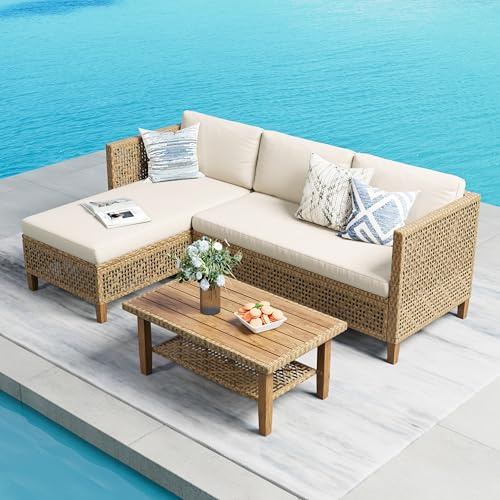 MFSTUDIO 5-Piece Rattan Garden Furniture Set, Polywood Table, Garden Sofa | Acacia Wood Legs, Dual Storage Coffee Table, Adjustable Feet, 350 lbs Seat Capacity, Easy-Clean Polywood Top