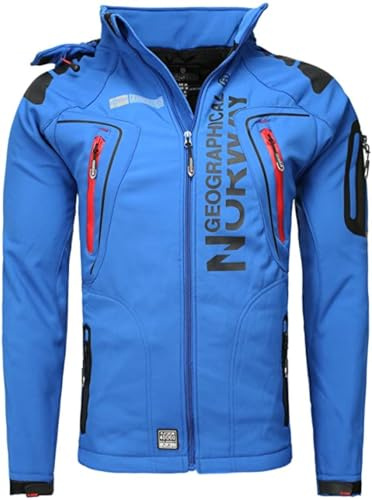 Geographical Norway – Chaqueta Softshell para hombre, resistente al agua, cortaviento, transpirable, de transición con capucha Brandiing- Production, azul, L