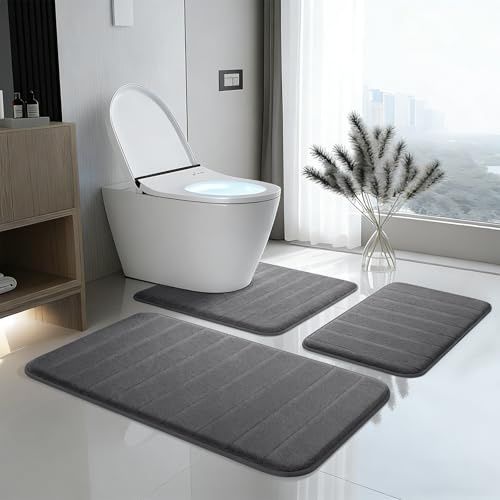CEWROM Juego de 3 alfombrillas de baño de espuma viscoelástica, alfombrilla de baño de espuma viscoelástica suave y alfombrilla de baño en forma de U, juego de alfombras de baño de microfibra (gris