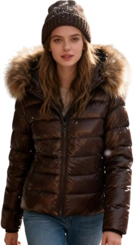 Générique Doudoune Femme Hiver Léger Capuche Fourrure - Noir et Marron - Matelassé Bulle - Tailles S-XXXL confortable confiance extérieur quotidien