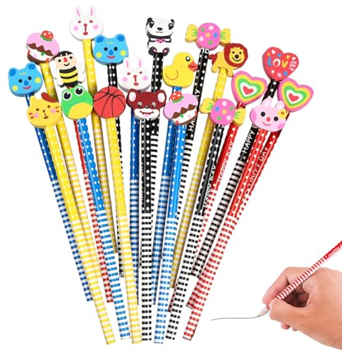 20 Piezas Lapices Niños Divertidos HB Lápiz con 20 Goma de Borrar de Dibujos Animados Lápices de Madera Kawaii Lapices Infantiles Triangular HB Lápices Divertidos para Niños Regalo Colegio