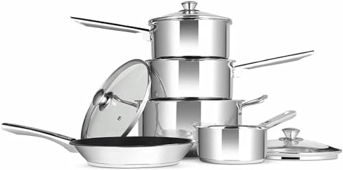 Penguin Home Set of 5 Cookware Pan Set, Stainless Steel Kitchen Set of 5 Piece - 18 cm & 20 cm Saucepan with lid, 24 cm Non Stick Frying Pan, 24 cm Stock Pot and 14 cm Milk Pan