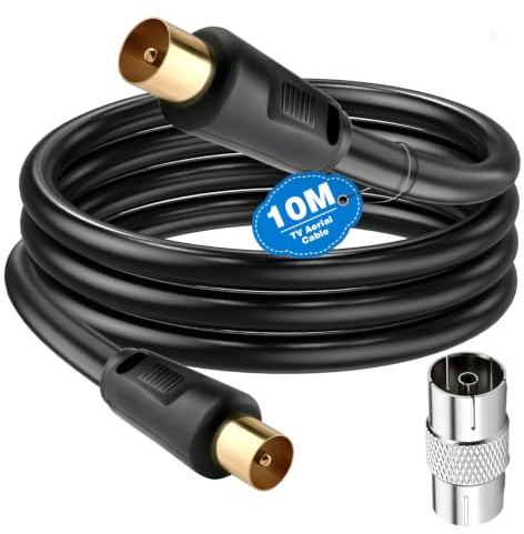 Ancable TV Aerial Cable with Coaxial Adapter 10M Black TV Ariel Lead | Straight Angled Plug | Coaxial RF Lead Male to Male | Gold-Plated | Satellite Cable TV Antenna