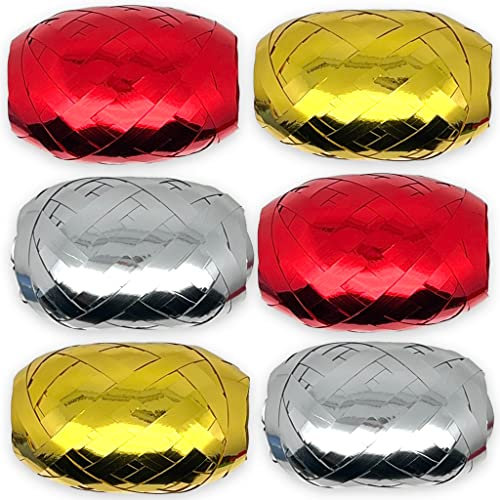 Set Ringelband Polyband Geschenk-Band Geschenkschleifen zum Basteln und Verpacken - glänzend & matt sortiert (rot - gold - silber, 6 Rollen Geschenkband je 10m)
